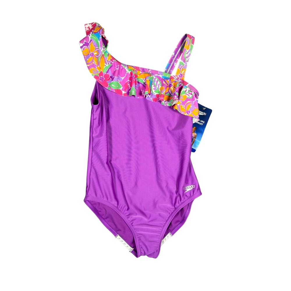Speedo Youth Girls Purple Floral One Shoulder Ruffle Swimsuit 1PC Size L 14/16